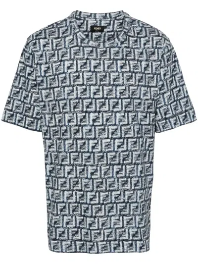 Fendi Ff Print T-shirt Frayed Effect Clothing In Blue