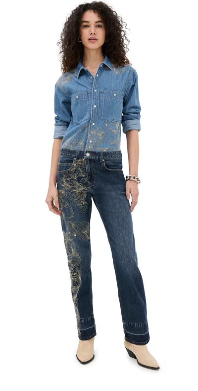 Isabel Marant Imane Embroidered Denim Jumpsuit In Blue