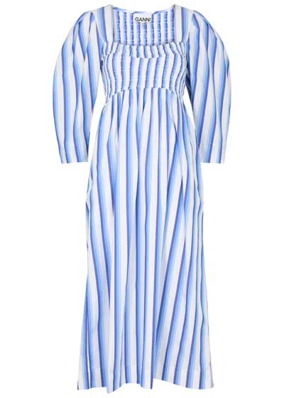 Ganni Striped Organic Cotton-poplin Midi Dress In Metallic