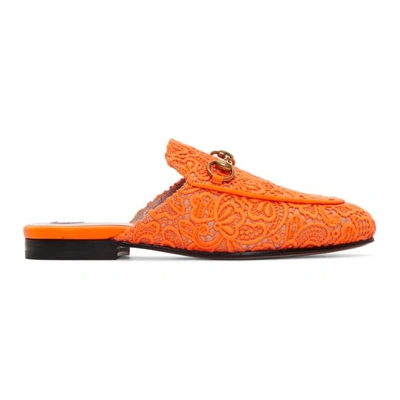 Gucci Princetown Floral-lace Backless Loafers In Yellow/orange
