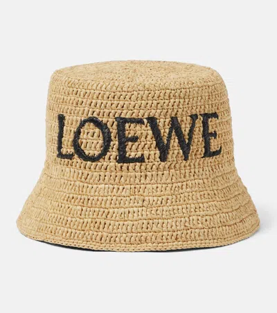 Loewe + Paula's Ibiza Logo-embroidered Raffia-blend Bucket Hat In Beige