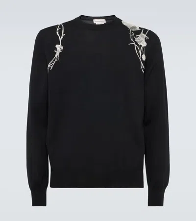 Alexander Mcqueen Embroidered Wool Sweater In Black