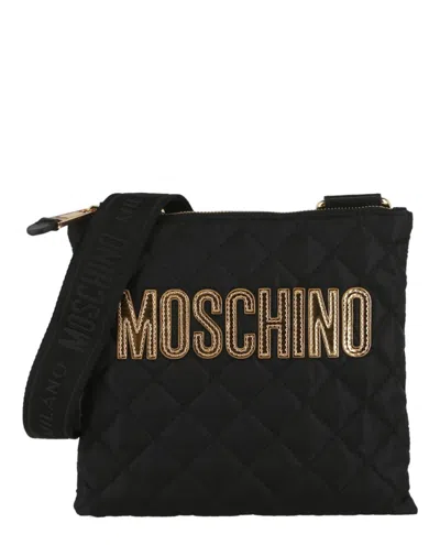 Moschino Quilted Nylon Logo Messenger Bag In Black