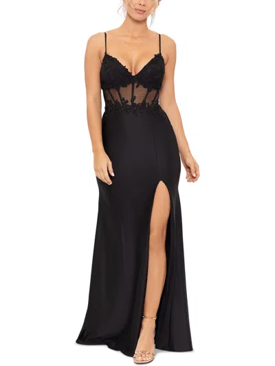 Aqua Womens Sateen Embellished Evening Dress In Black