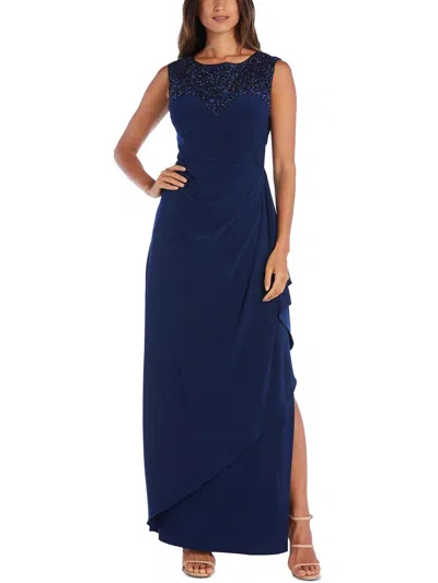 R & M Richards Petites Womens Embellished Long Evening Dress In Blue