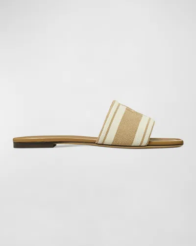 Tory Burch Double T Jacquard Slide Sandals In Cammello / Ash White