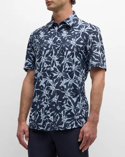 Hugo Boss Floral-print Cotton Shirt In Blue
