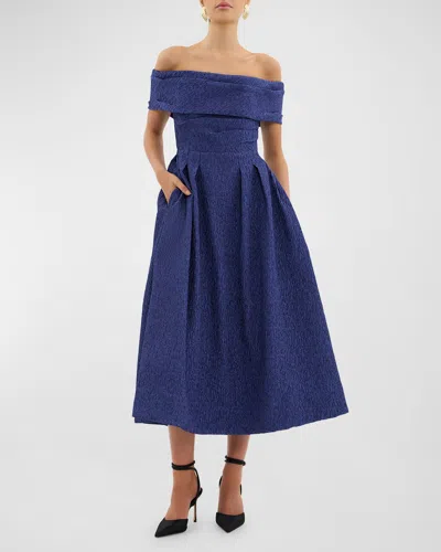 Rebecca Vallance Helene Pleated Off-shoulder Jacquard Midi Dress In Blue