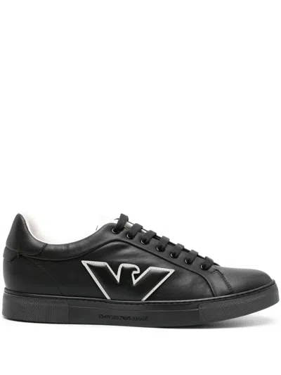 Emporio Armani Leather Sneakers With Eagle Patch In Black