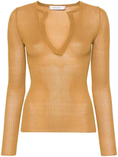 Max Mara V-necked Silk Top In Leather Brown