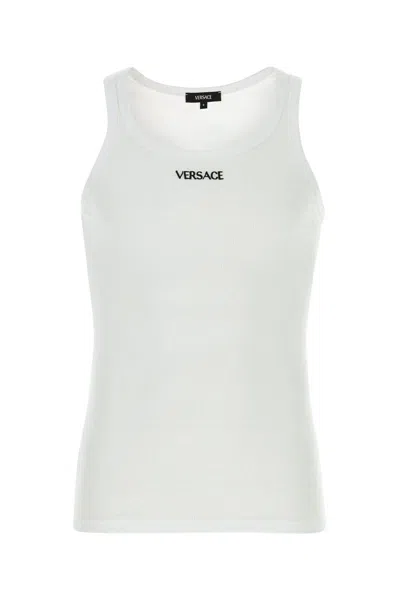 Versace White Stretch Cotton Tank Top In Opticalwhite