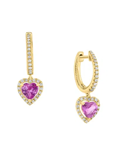 Effy Women's 14k Yellow Gold, Pink Sapphires & Diamond Huggie Heart Hoop Earrings