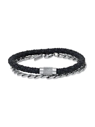 Hickey Freeman Men's 2-piece Stainless Steel Chain & Leather Strand Bracelet Set In Neutral