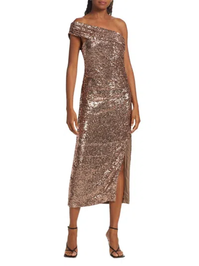 Simkhai Zay One-shoulder Ruched Sequined Jersey Midi Dress In Latte