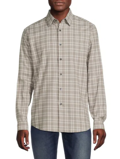 Theory Irving Checked Cotton Shirt In Grey Beige