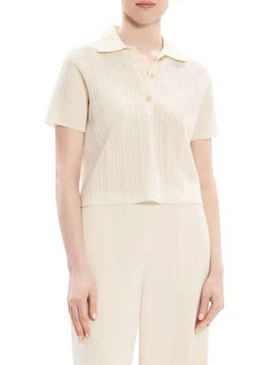 Theory Cotton Blend Knit Polo Top In Ivory
