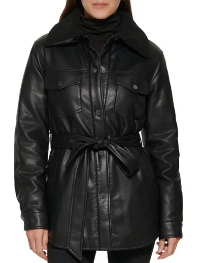 Kenneth Cole Pleather Tie Belted Shacket With Removable Faux Shearling Collar In Black