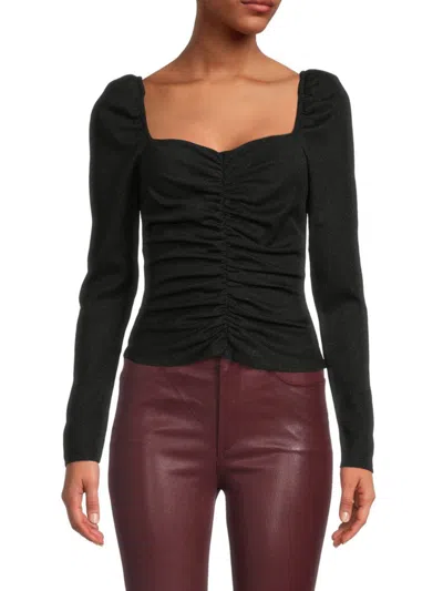 Bcbgmaxazria Ruched Long Sleeve Sweetheart Neck Blouse In Black