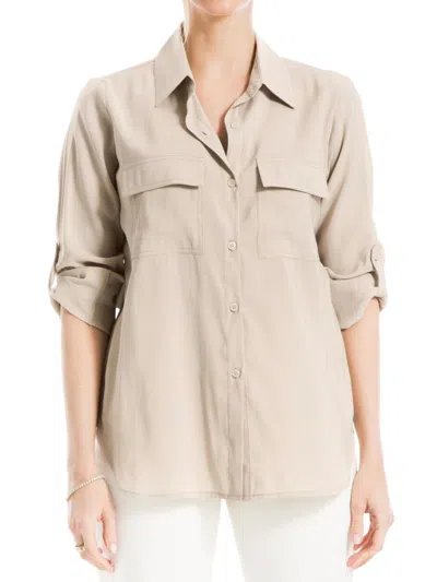 Max Studio Tab Sleeve Button Front Shirt In Cobblestone