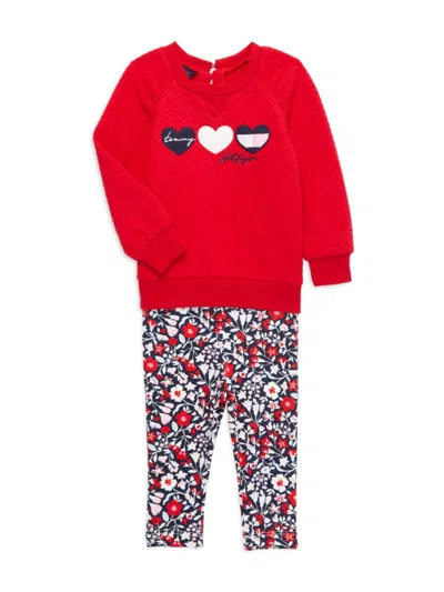Tommy Hilfiger Baby Girls Quilted Raglan Tunic And Floral Leggings, 2 Piece Set In Red Multi