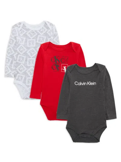 Calvin Klein Baby Boys Multi Long Sleeve Bodysuits, Pack Of 3 In Grey Red