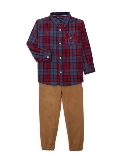 Tommy Hilfiger Baby Boys Plaid Long Sleeve Button-front Shirt And Twill Joggers, 2 Piece Set In Blue Tan Multi