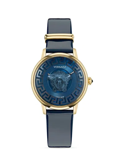 Versace Medusa Alchemy 38mm Ip Goldtone Stainless Steel & Leather Watch In Sapphire
