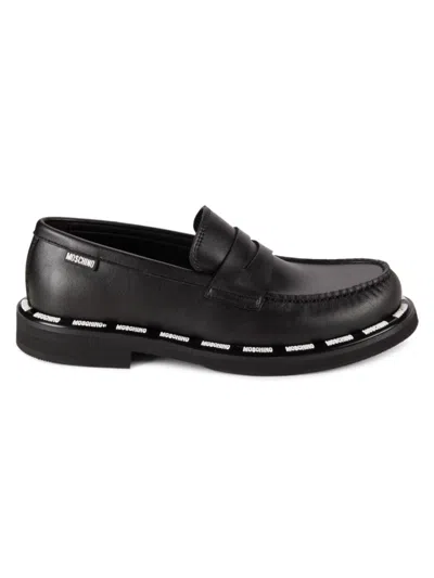 Moschino Men's Leather Penny Loafers With Logo Trim In Black