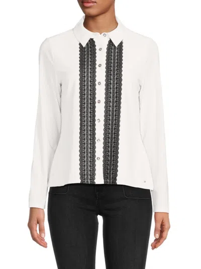 Tommy Hilfiger Women's Long-sleeve Lace-trimmed Blouse In Ivory Black