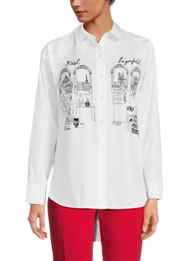 Karl Lagerfeld Women's Shopping Girl Logo Graphic Embellished Shirt In White