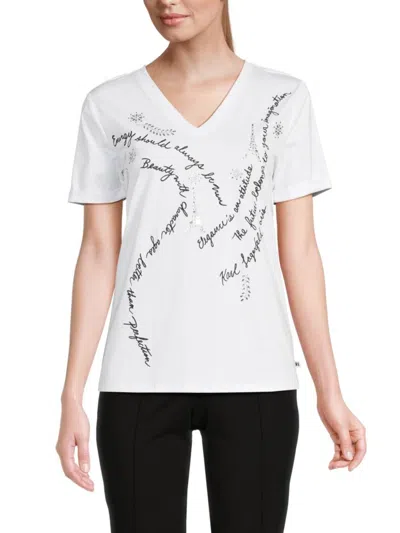 Karl Lagerfeld Women's Embellished Quote V-neck T-shirt In White
