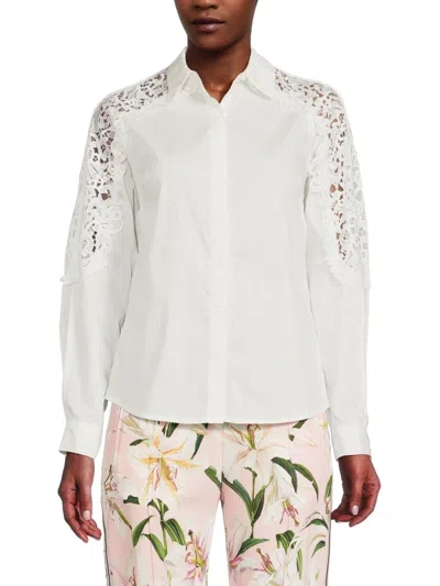T Tahari Women's Lace Sleeve Button-down Top In Star White
