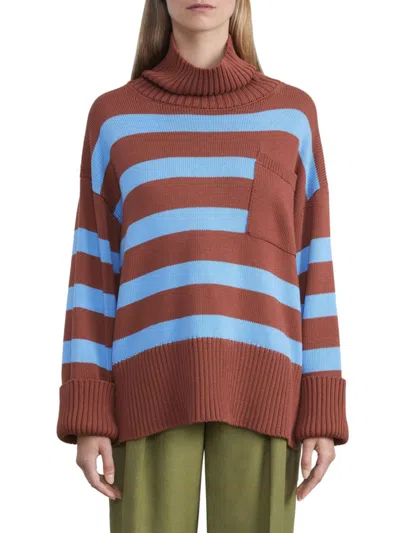 Lafayette 148 Cotton-silk Tape Striped Stand Collar Sweater In Brown