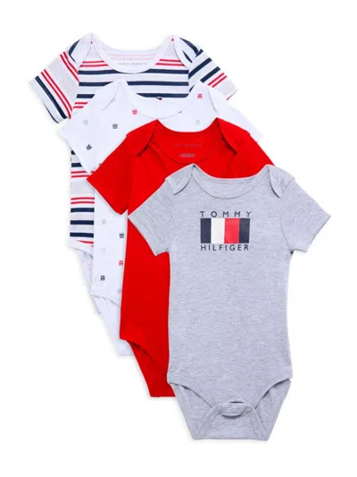 Tommy Hilfiger Baby Boys Signature Short Sleeve Bodysuits, Pack Of 4 In Red