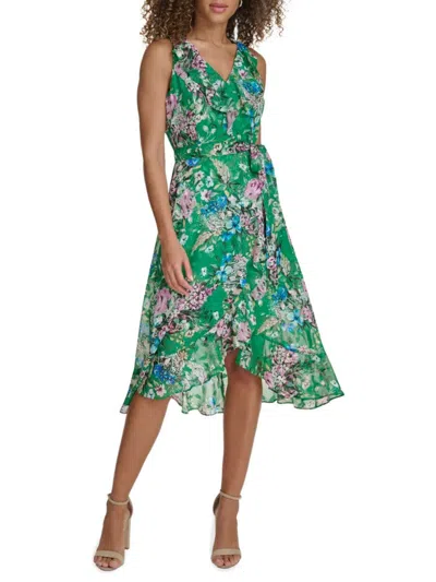 Kensie Women's Floral-print Ruffled Sleeveless Midi Dress In Green Multi