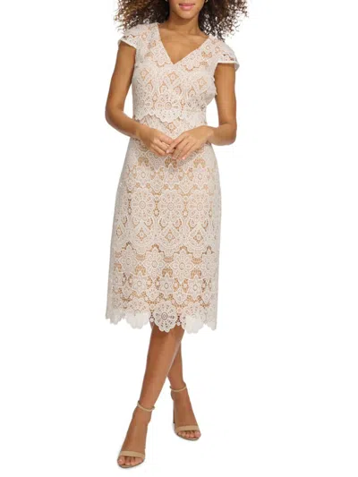 Kensie Floral Lace Dress In White Nude