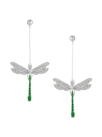 Eye Candy La Women's Luxe Dragonfly Silvertone Plated, Faux Pearl & Cubic Zirconia Dangle Earrings In Brass