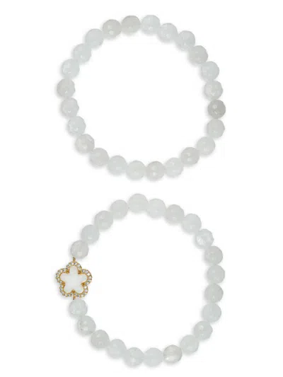Eye Candy La Women's Luxe Fleur 2-piece 8mm Shell Pearl, White Agate & Cubic Zirconia Beaded Bracelet Set