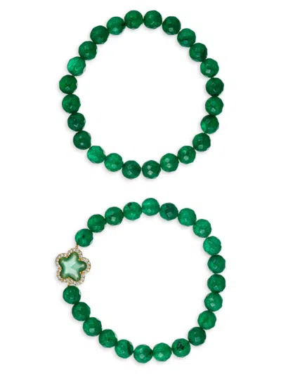 Eye Candy La Women's Luxe Fleur 2-piece Agate & Cubic Zirconia Beaded Bracelet Set In Green