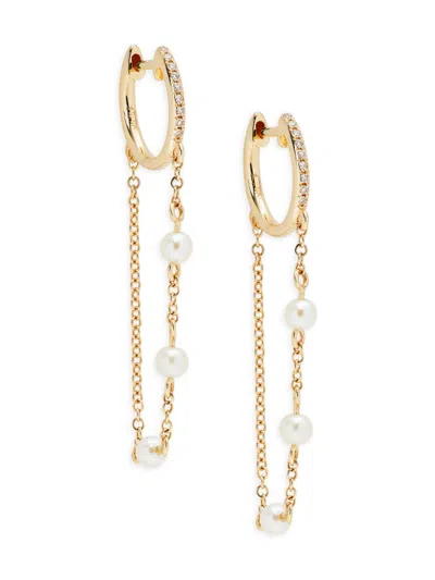 Saks Fifth Avenue Women's 14k Yellow Gold, 2.5-3.5mm Cultured Freshwater Pearl & Diamond Chain Huggie Earrings
