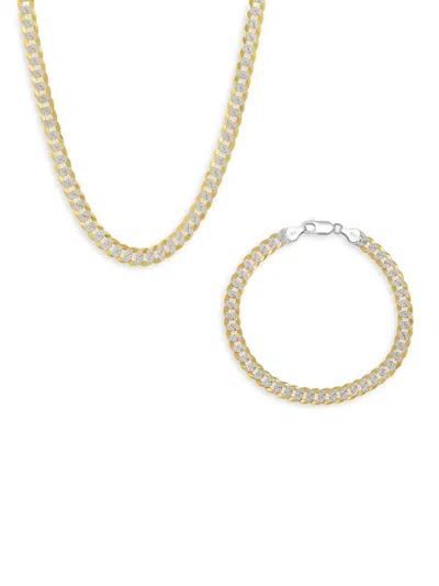 Anthony Jacobs Men's 2-piece Sterling Silver Curb Chain Necklace & Bracelet Set In Dual Yellow