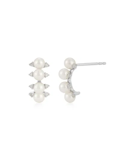 Ef Collection Women's Core 14k White Gold, 3mm Pearl & Diamond Arc Stud Earrings