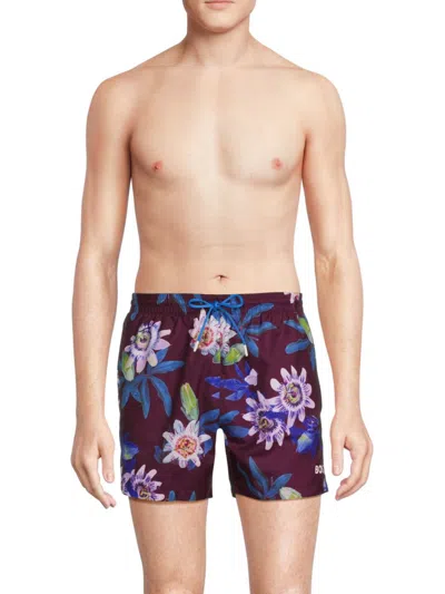 Hugo Boss Floral-print Swim Shorts With Logo Detail In Dark Crimson
