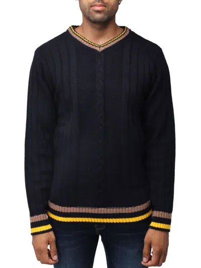 X-ray Tipped V-neck Cable Knit Pullover Sweater In Navy