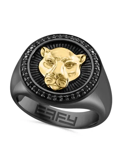 Effy Men's Rhodium Plated Sterling Silver, 14k Gold & Black Spinel Signet Ring