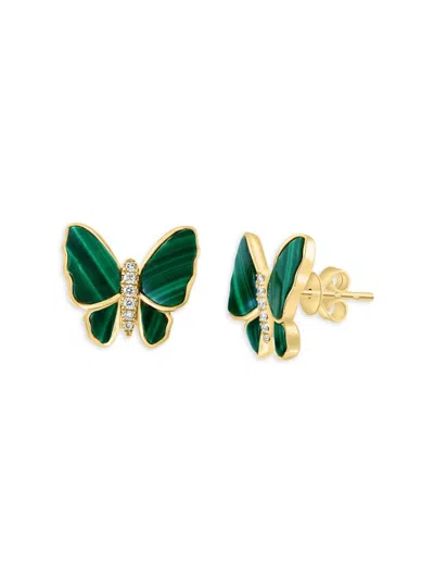 Effy Women's 14k Yellow Gold, Malachite & Diamond Butterfly Stud Earrings