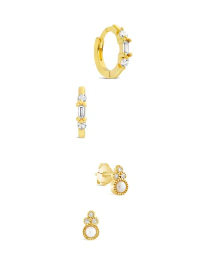 Sterling Forever Women's Set Of 2 14k Goldplated, Cubic Zirconia & 3mm Freshwater Pearl Earrings Set In Brass