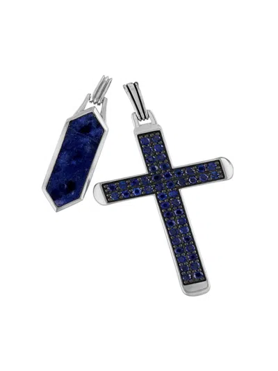Esquire Men's 2-piece Sterling Silver, Lapis & Cubic Zirconia Cross Pendant Set