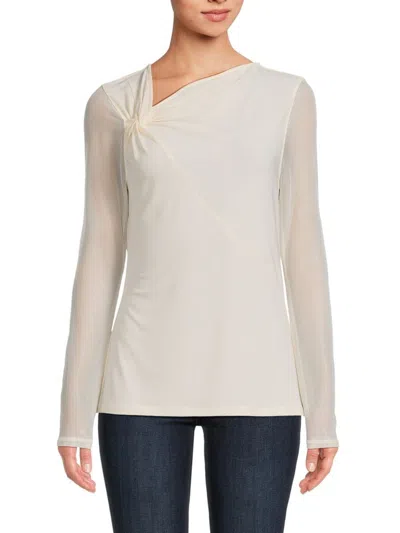 Dkny Petite Solid-color Asymmetrical V-neck Sheer-sleeve Top In Butter Cream