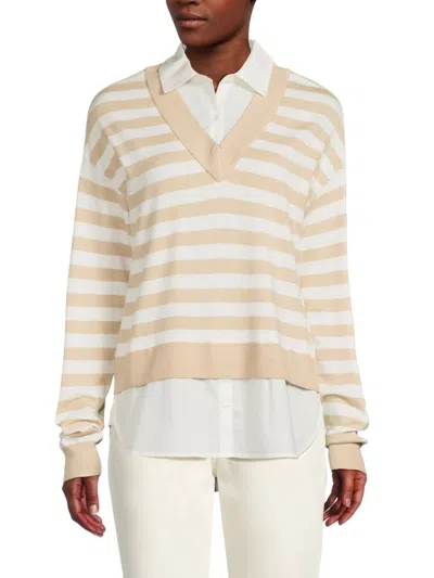 Ella Rafaella Plus Size Striped Layered Long Sleeve Sweater In Wheat Heather